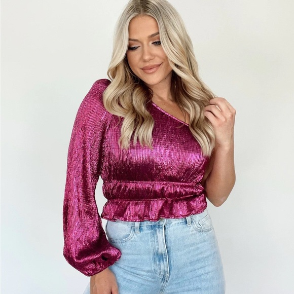 NWT Pink Metallic One-Shoulder Top - Picture 4 of 7
